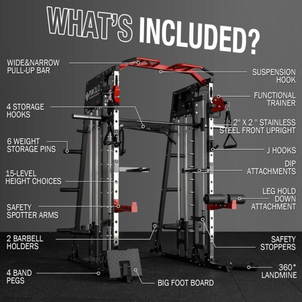 Mikolo Smith Machine, 2200lbs Squat Rack with LAT-Pull Down System & Cable Crossover Machine, Training Equipment with Leg Hold-Down Attachment, Garage & Home Gym Package - Image 7