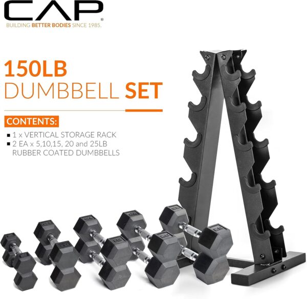 CAP Barbell 150 LB Coated Hex Dumbbell Weight Set with Vertical Rack | Multiple Colors - Image 2
