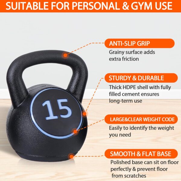 4-Piece Wide Grip Kettlebell Set, Strength Training kettlebells, 5 lbs 10 lbs 15 lbs and 20 lbs, Exercise Fitness Concrete Weight, Full Body HIIT Workout - Image 3