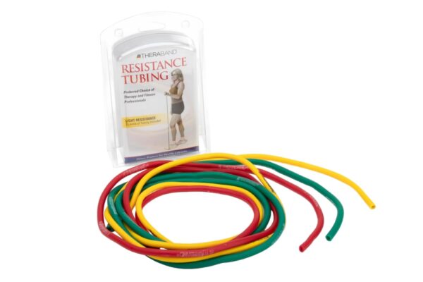 THERABAND Resistance Tubes, Professional Latex Elastic Tubing, Upper & Lower Body, Core Exercise, Physical Therapy, Lower Pilates, At-Home Workouts, & Rehab, 5 Foot, Yellow, Red, & Green, Beginner Set
