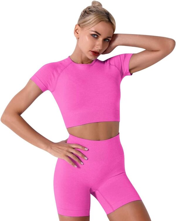 IWEMEK Women Seamless Yoga Outfits 2 Piece Workout Short Sleeve Crop Top with High Waisted Running Shorts Sets Activewear - Image 5
