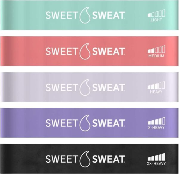 Sweet Sweat Mini Loop Resistance Bands - Set of 5 | Exercise Hip Booty Bands for Squats, Lunges, Physical Therapy, Yoga, Pilates, Rehab and Home Workout | Non-Latex Elastic Bands Includes Carry-Bag