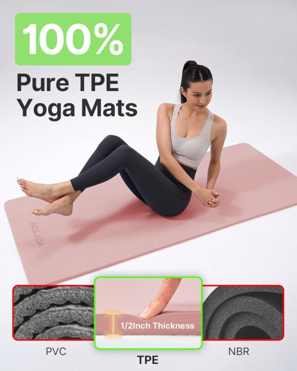 YOTTOY Yoga Mat，Extra Thick Yoga Mat (1/2inch),Professional TPE Exercise Mat,Non-Slip Workout Mat for Yoga, Pilates, Fitness, Barefoot Workouts, Home Gym Studio with Strap - Image 2