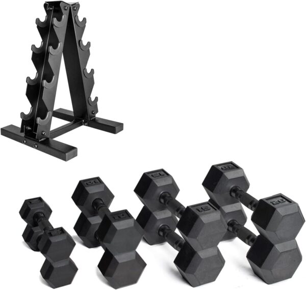 CAP Barbell 100 LB Coated Black Handle Hex Dumbbell Weight Set with Vertical Rack
