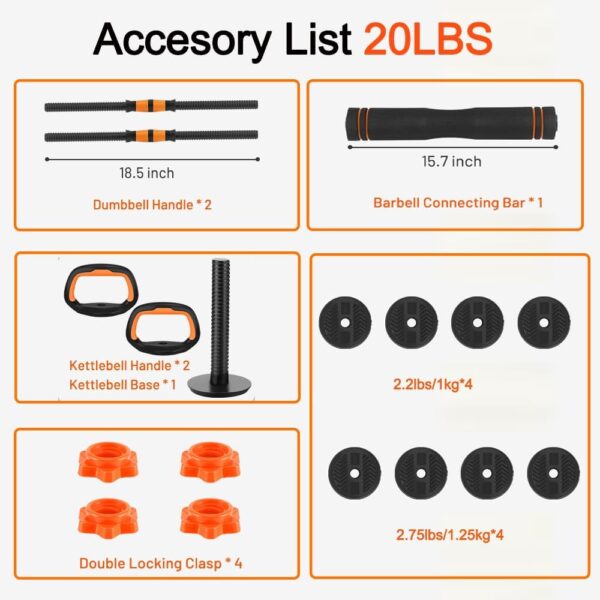 4 in 1 Adjustable Dumbbell Set with Connecting Rod Used as Barbell, Kettlebells, Push up Stand, Fitness Exercises for Home Gym, Orange - 20/30/50 Pounds - Image 7