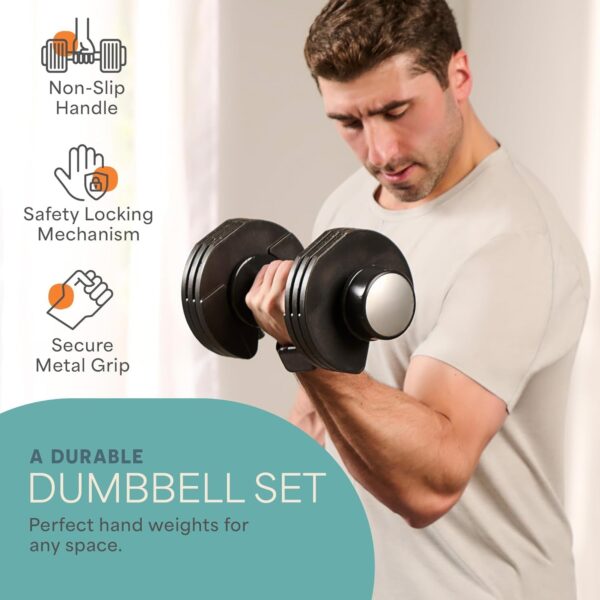 Lifepro Adjustable Dumbbells Set/Single - 15lb 43lb 55lb 25 lb Dumbbell Sets with Rack - Quick Adjust, Secure Grip weights dumbbells set - Compact Hand Weights for Women/Men at Home Gym - Image 5