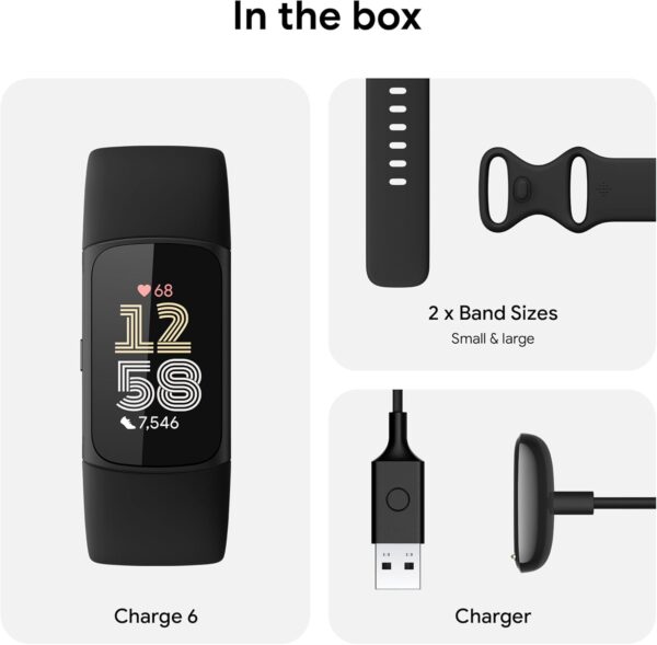Fitbit Charge 6 Fitness Tracker with Google apps, Heart Rate on Exercise Equipment, 6-Months Premium Membership Included, GPS, Health Tools and More, Obsidian/Black, One Size (S & L Bands Included) - Image 8