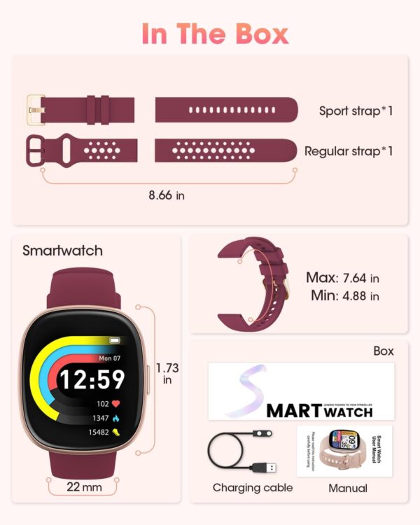 Smart Watches for Men Women Fitness: Fitness Tracker with Blutooth Call 24H Heart Rate SpO2 Sleep Monitor 5ATM Waterproof 120+ Sport Mode Smartwatch Compatible with iPhone Android Phones (Wine Red) - Image 8