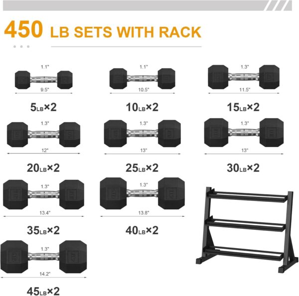 Premium Rubber Coated Hex Dumbbell Weight Set with Rack, Multiple Packages,450lbs(9 pair) for Home Gym, Coated Hand Weights for Strength Training, Workouts - Image 2