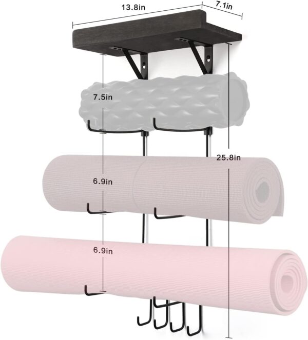 VINAEMO Yoga Mat Holder Accessories Wall Mount Organizer Storage Decor Foam Roller and Towel Storage Rack with 4 Hooks and Wooden Shelves Yoga Mats Rack Resistance Bands for Home Gym School Office - Image 6