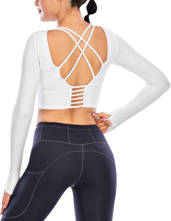 ECUPPER Women Long Sleeve Workout Tops Backless Yoga Gym Shirts Athletic Crop Top with Built in Bra for Fitness Sports