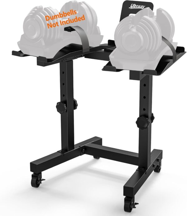 Uboway Adjustable Dumbbell Stand- Dumbbell Rack with 4 Level Height Adjustment, Weight Stand for Dumbbells with Tablet Holder and Wheels, Hand Weight Rack for Adjustable Dumbbell Set, Home Gym Fitness（Bonus Foot Pads）