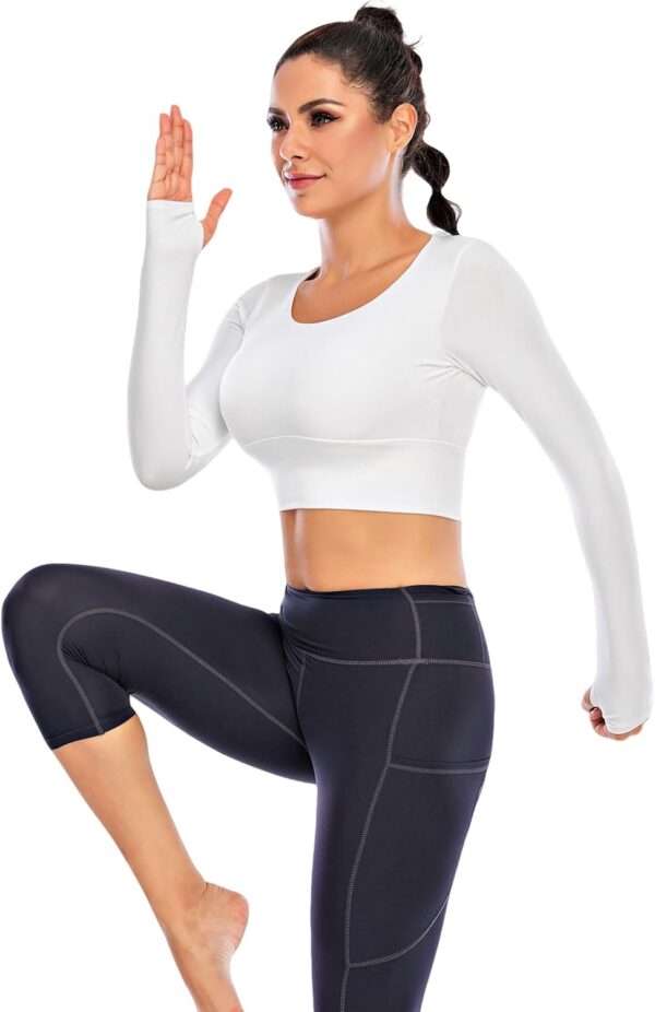 ECUPPER Women Long Sleeve Workout Tops Backless Yoga Gym Shirts Athletic Crop Top with Built in Bra for Fitness Sports - Image 3