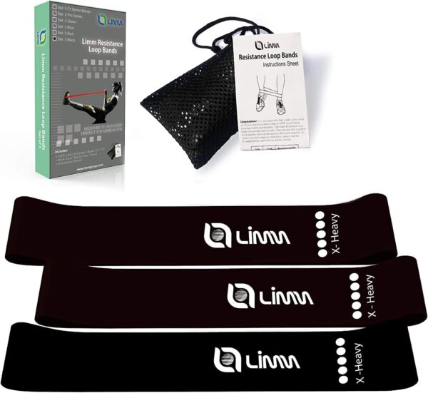 Limm Resistance Loop Exercise Bands - Set of 3 Bands for Working Out with Instruction Guide & Carry Bag - Mini Resistance Bands for Home Workouts, 12" x 2"