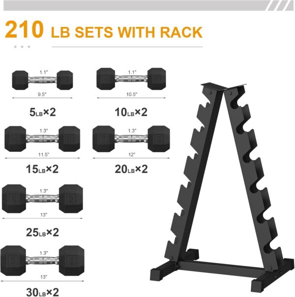 Premium Rubber Coated Hex Dumbbell Weight Set With Rack, Multiple Packages,210LB/350LB/450LB/550LB for Home Gym, Coated Hand Weights for Strength Training, Workouts - Image 2