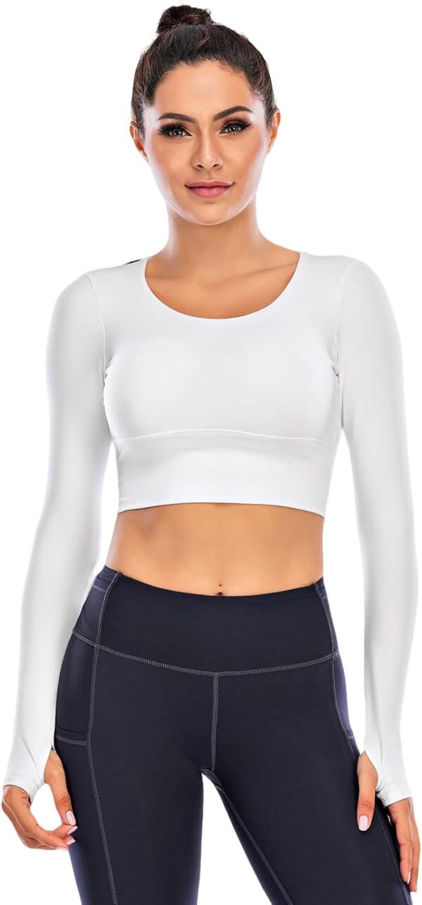 ECUPPER Women Long Sleeve Workout Tops Backless Yoga Gym Shirts Athletic Crop Top with Built in Bra for Fitness Sports - Image 2