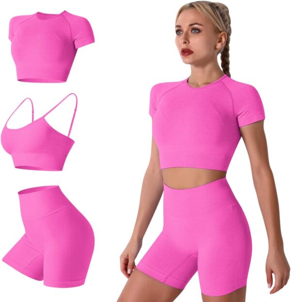 IWEMEK Women Seamless Yoga Outfits 2 Piece Workout Short Sleeve Crop Top with High Waisted Running Shorts Sets Activewear