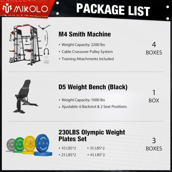 Mikolo Smith Machine, 2200lbs Squat Rack with LAT-Pull Down System & Cable Crossover Machine, Training Equipment with Leg Hold-Down Attachment, Garage & Home Gym Package - Image 2