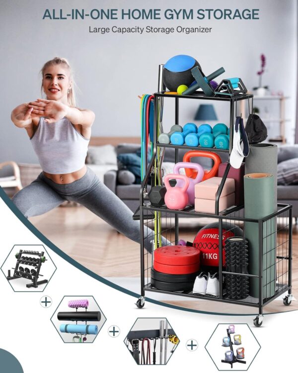 Weight Rack Home Gym Storage, Yoga Mat Storage Rack Workout Equipment Storage Rack for Dumbbells Kettlebell Resistance Band, Exercise Equipment Gym Rack Organizer with Wheel and Levelling Feet - Image 2