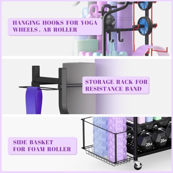 Mythinglogic Yoga Mat Storage Racks,Home Gym Storage Rack for Dumbbells Kettlebells Foam Roller, Yoga Strap and Resistance Bands, Workout Equipment Storage Organizer With Hooks and Wheels - Image 3