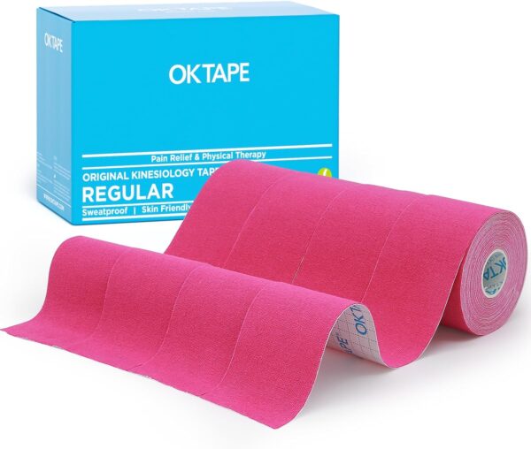 OK TAPE Regular Kinesiology Tape (4 Pack), Original Cotton Athletic Tape Support Muscle Joint Knee, Sports Waterproof Tape Uncut Strips Latex Free, Pain Relief, 2in×16.4ft - Pink