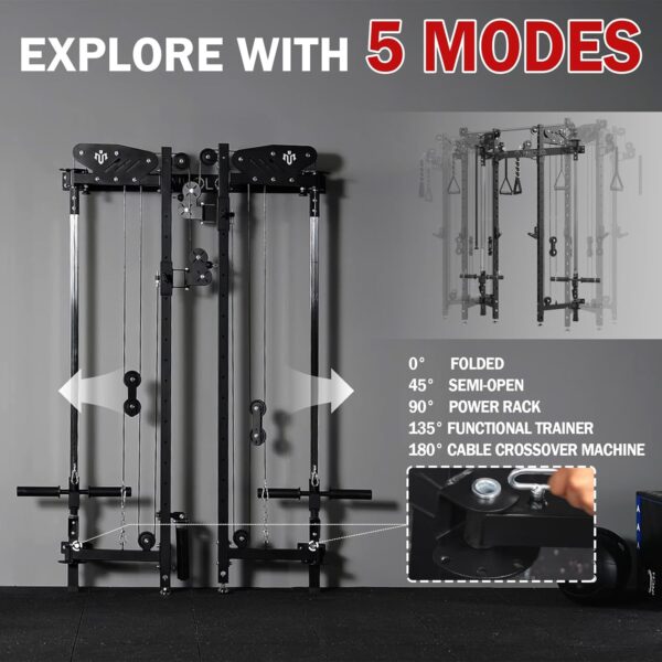 Mikolo Folding Squat Rack, Wall Mounted Power Rack with Cable Crossover Machine & LAT Pull Down, Functional Trainer with 5 Adjustable Function Modes, for Home Gym and Space Saving - Image 4