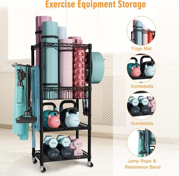 S1 Home Gym Storage, 3-Tier Workout Equipment Organizer with Wheels for Yoga Mats, Foam Roller, Dumbbells, Kettlebells, and Resistance Bands, 47.4" H x 27.5" L x 11.8" D, Black - Image 3