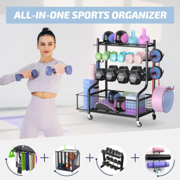 PLKOW Dumbbell Rack, Weight Rack for Dumbbells, Home Gym Storage for Dumbbells Kettlebells Yoga Mat and Balls, All in One Workout Storage with Wheels and Hooks, Powder Coated Finish Steel - Image 2