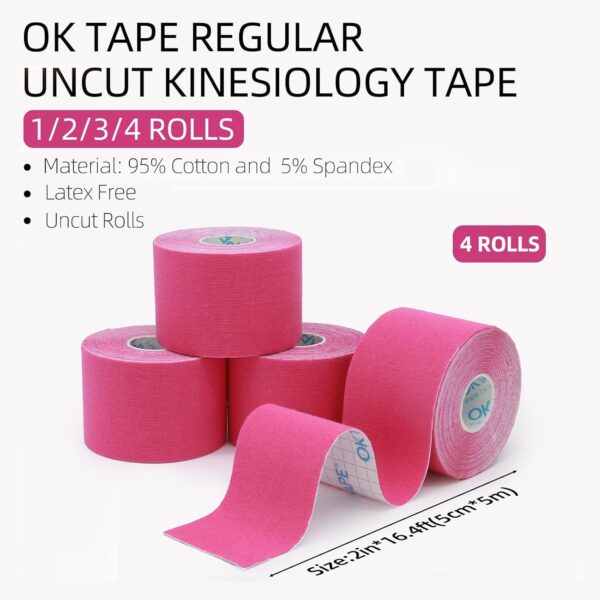 OK TAPE Regular Kinesiology Tape (4 Pack), Original Cotton Athletic Tape Support Muscle Joint Knee, Sports Waterproof Tape Uncut Strips Latex Free, Pain Relief, 2in×16.4ft - Pink - Image 3