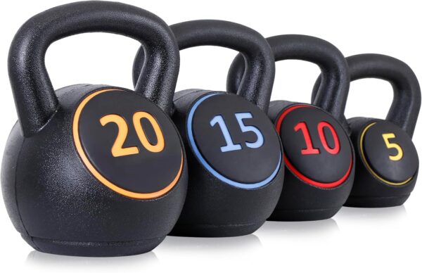 4-Piece Wide Grip Kettlebell Set, Strength Training kettlebells, 5 lbs 10 lbs 15 lbs and 20 lbs, Exercise Fitness Concrete Weight, Full Body HIIT Workout