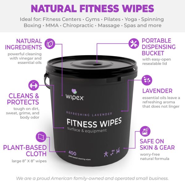 Wipex Gym Wipes – Natural Fitness Equipment Wipes, Plant-Based Cloth - Lavender and Vinegar Wipes to Clean Surfaces, Safe Yoga Mat Cleaner Wipes, All Purpose Gym Cleaner & Peloton Wipes, 400 Count - Image 2