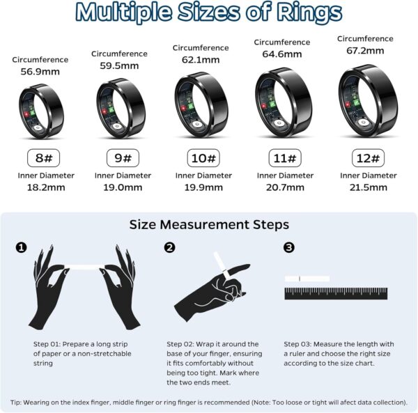 Smart Ring Health Tracker, Sleep Tracker Ring with Heart Rate, Waterproof Fitness Ring for Activity Monitoring/Steps/Distance/Calories, Air Gestures,Up to 7-Day Battery, for iOS and Android (Black,#8) - Image 2