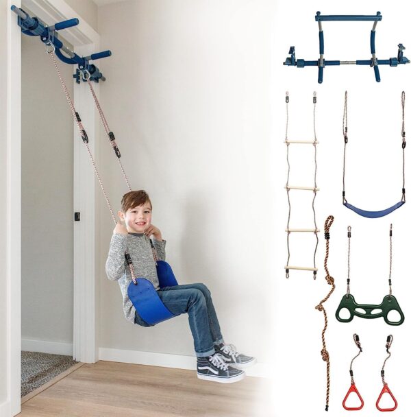 Gym1 6-Piece Doorway Gym for Kids - Includes Door Sensory Swing Indoor Pull-Up Bar for Adults, Rings, Hanging Trapeze, Ladder & Knotted Rope, Holds Up to 300 Lbs - Pull Up Bar for Doorway