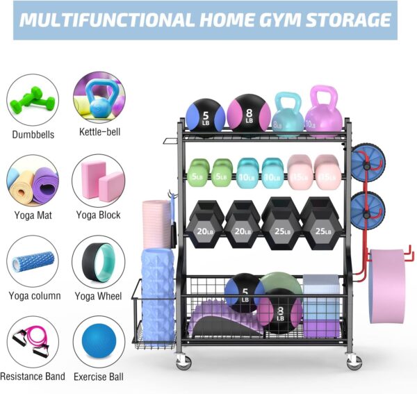 PLKOW Dumbbell Rack, Weight Rack for Dumbbells, Home Gym Storage for Dumbbells Kettlebells Yoga Mat and Balls, All in One Workout Storage with Wheels and Hooks, Powder Coated Finish Steel - Image 3