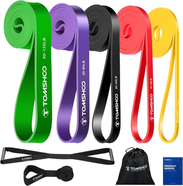 TOMSHOO 5 Packs Pull up Assist Bands, Resistance Bands with Straps Handles and Door Anchor, Stretch Bands,Exercise Bands with Guide for Fitness