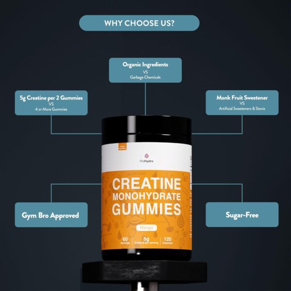 Creatine Monohydrate Gummies | 60 Servings | 5g Creatine Monohydrate per Serving | 120 creatine Gummies with Zero Sugar | All Organic Ingredients - Image 5
