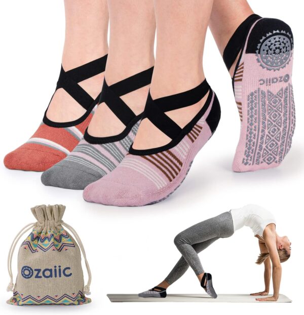 Ozaiic Yoga Socks for Women Non-Slip Grips & Straps, Ideal for Pilates, Pure Barre, Ballet, Dance, Barefoot Workout