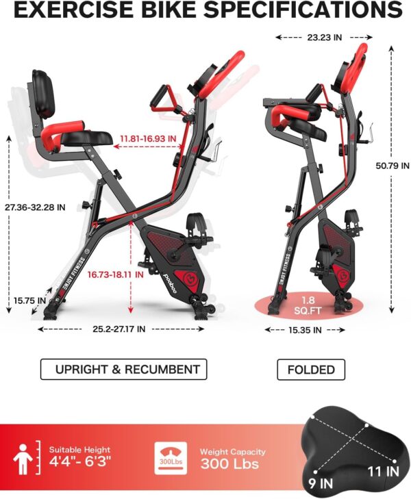 pooboo Folding Exercise Bike, Foldable Fitness Stationary Bike Machine, Upright Indoor Cycling Bike, Magnetic X-Bike with 8-Level Adjustable Resistance, Bottle Holder & Back Support Cushion for Home Gym Workout - Image 5