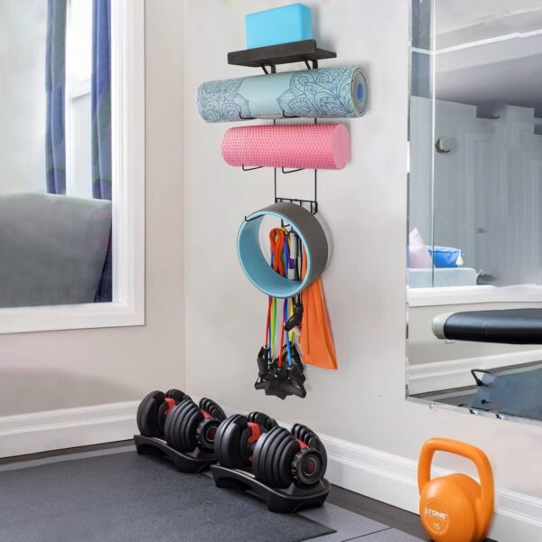 VINAEMO Yoga Mat Holder Accessories Wall Mount Organizer Storage Decor Foam Roller and Towel Storage Rack with 4 Hooks and Wooden Shelves Yoga Mats Rack Resistance Bands for Home Gym School Office - Image 4