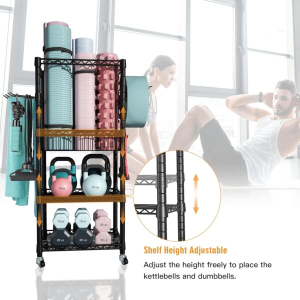 S1 Home Gym Storage, 3-Tier Workout Equipment Organizer with Wheels for Yoga Mats, Foam Roller, Dumbbells, Kettlebells, and Resistance Bands, 47.4" H x 27.5" L x 11.8" D, Black - Image 4