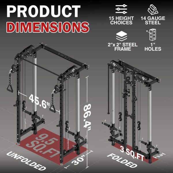 Mikolo Folding Squat Rack, Wall Mounted Power Rack with Cable Crossover Machine & LAT Pull Down, Functional Trainer with 5 Adjustable Function Modes, for Home Gym and Space Saving - Image 6