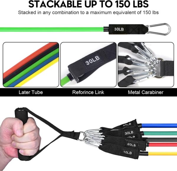Resistance Bands Set 17pcs, Resistance Band, Exercise Bands Fitness Workout with Wide Handles, Door Anchor, Steel Clasp, Carry Bag, Ankle Straps for Home Gym Outdoor Travel (23PCS-Colour) - Image 7