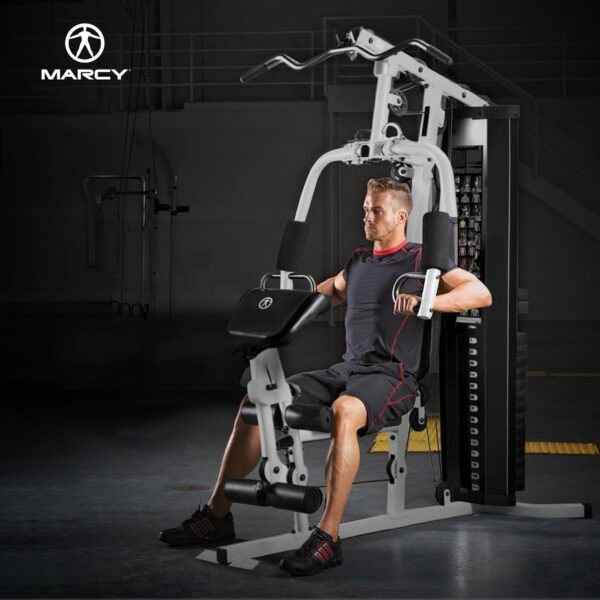 Marcy Home Gym Workout Station with Curl Pad, Lat Pulldown, Leg Developer & Weights, White - Image 5