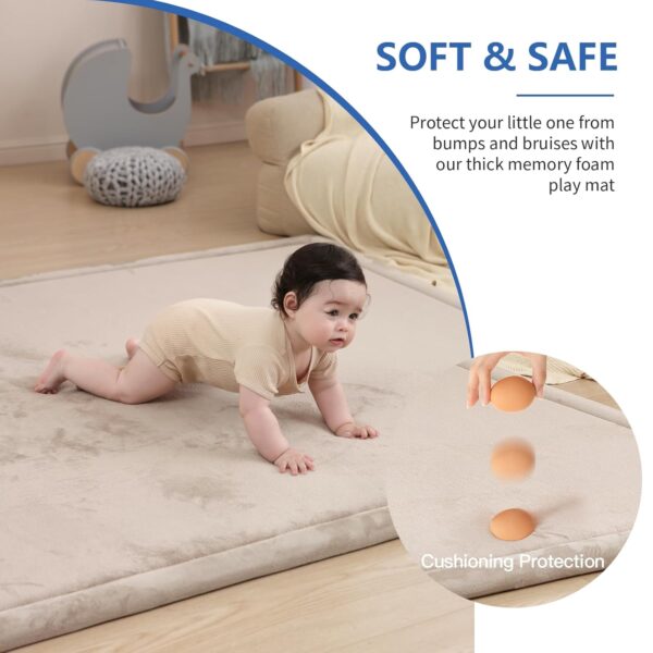 Baby Play Mat for Floor,1.3" Thick Memory foam Tummy Time Mat,Soft Coral Velvet Nursery Rug,Extra Large Non Slip Crawling Mat for Toddlers,Infants,kids,Yoga Mat,Tatami Mat for Living Room(Beige) - Image 3