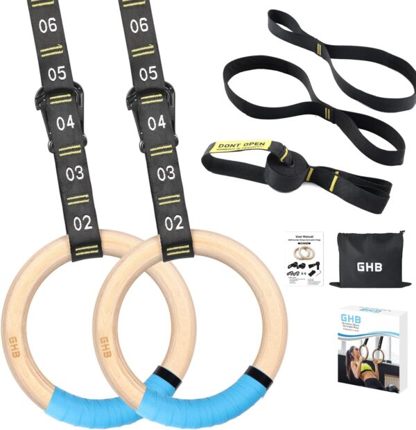 GHB Gymnastic Rings Wooden Gym Rings 1.25" Olympic Rings Adjustable Numbered Straps Pull Up Rings Sets for Workout Bodyweight Fitness Training - Image 9