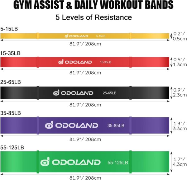 Odoland 5 Packs Pull Up Assist Bands, Pull Up Straps, Resistance Bands with Door Anchor and Handles, Stretch Mobility, Powerlifting and Extra Durable Exercise Bands with eGuide - Image 3