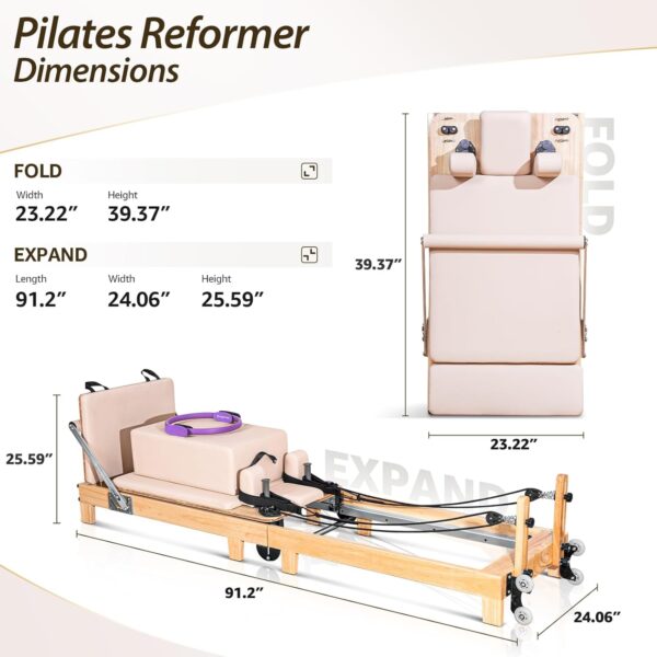 Pilates Reformer Machine, Foldable Studio Grade Pilates Equipment for Gym and Home Workout, Oak Wood Pilates Reformer with Reformer Accessories,Pilates Box, Padded Jump Board - Image 2