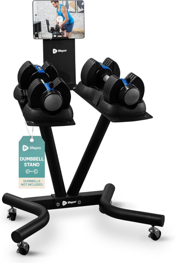 Lifepro Adjustable Dumbbell Stand Rack - Compatible with PowerFlow Plus, PowerUp Plus, and for More Brands- Phone Holder, featured Castors - Home Gym Storage and Convenient Strength Training