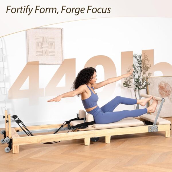 Pilates Reformer Machine, Foldable Studio Grade Pilates Equipment for Gym and Home Workout, Oak Wood Pilates Reformer with Reformer Accessories,Pilates Box, Padded Jump Board - Image 7