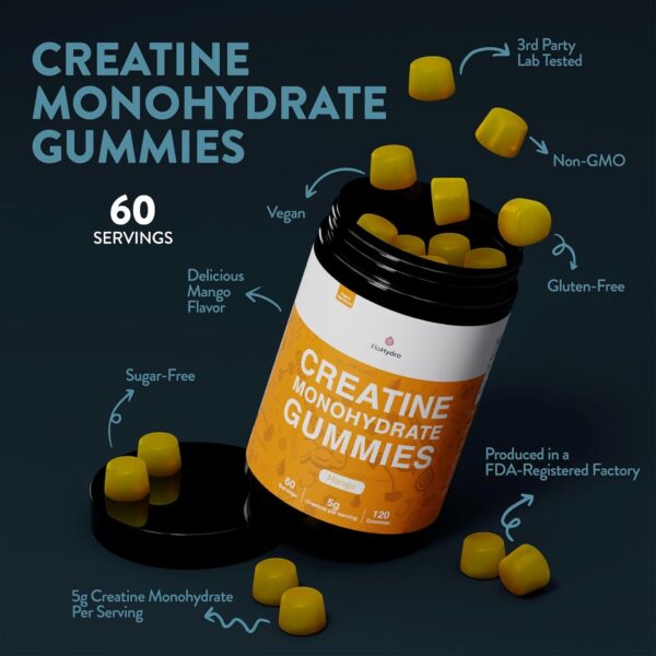 Creatine Monohydrate Gummies | 60 Servings | 5g Creatine Monohydrate per Serving | 120 creatine Gummies with Zero Sugar | All Organic Ingredients - Image 6